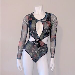 Black Sheer Bodysuit with Multicolor Asian Script